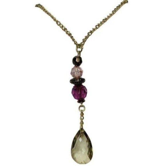 VTG Yellow Icy Glass Teardrop Pendant Necklace 36” Formal Lariat Grannycore - Picture 7 of 8